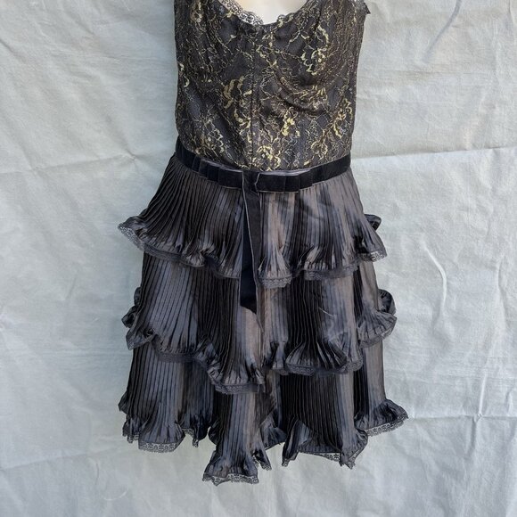 Betsey Johnson Evening Sz 6 Black Pleated Gold Lace Strapless Mini Dress Corset - Picture 4 of 6